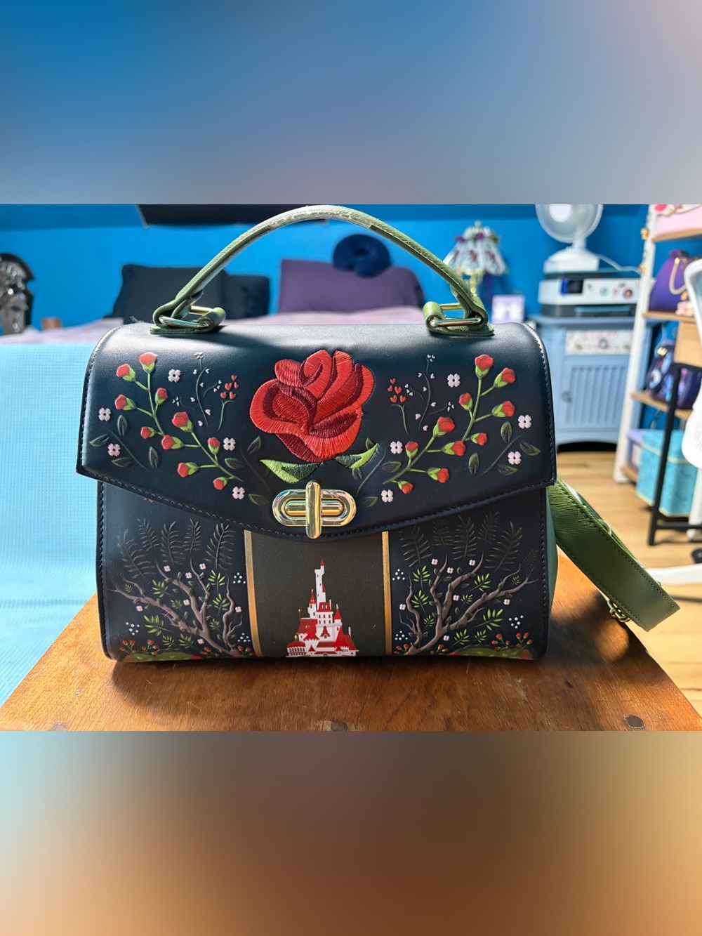 Loungefly Beauty and the Beast, green, rose and castle purse